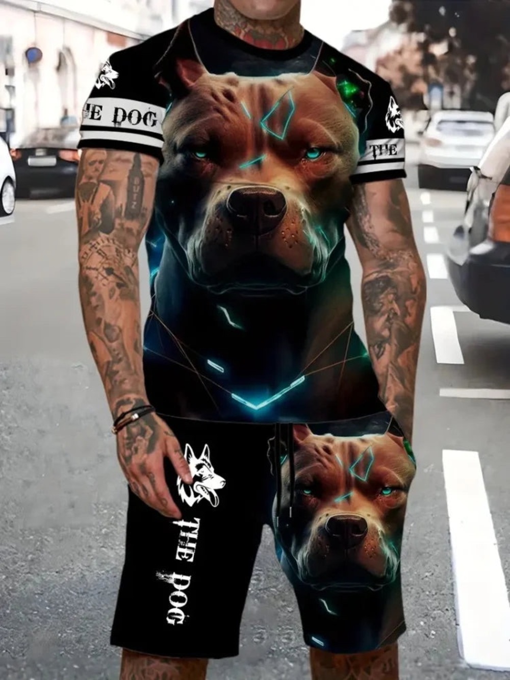 Men's Black Pitbull Graphic Tee & Shorts Set by